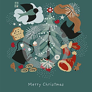 Greeting card with Christmas tree and birds.