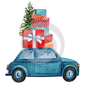 Greeting card. Christmas tree, car and gifts watercolor hand drawing on a white background. Vintage style