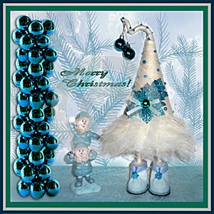 Greeting card for christmas. White Christmas tree with blue decorations, a pillar of green balls, a pair of snowmen athletes. photo