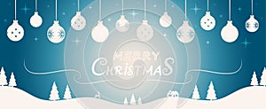 Greeting card for Christmas, xmas and winter holidays. Merry Christmas inscription with Christmas balls and stars