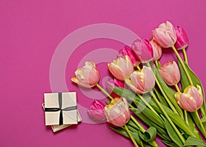 Greeting card with colorful spring tulips flower. Holiday bouquet. Concept of Mother`s Day, Birthday or Valentine`s Day