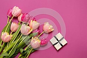 Greeting card with colorful spring tulips flower. Holiday bouquet. Concept of Mother`s Day, Birthday or Valentine`s Day