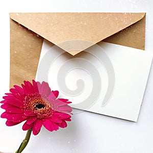 Greeting card concept with envelope and gerbera flower. Blank paper postcard, vintage envelope and gerbera flowers