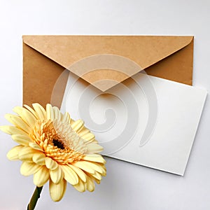 Greeting card concept with envelope and gerbera flower. Blank paper postcard, vintage envelope and gerbera flowers