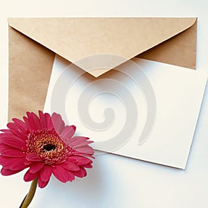 Greeting card concept with envelope and gerbera flower. Blank paper postcard, vintage envelope and gerbera flowers