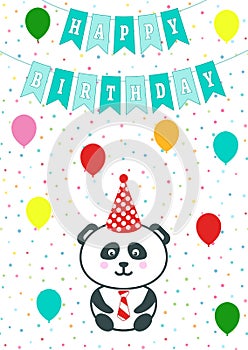 Greeting card with confetti, flags and baloons. Vector illustration. Baby boy arrival announcement, shower card. Panda cartoon bea