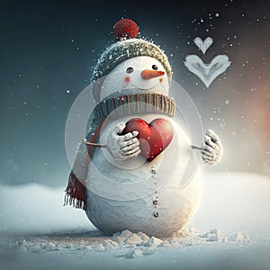 Greeting card couple in love cute snowmen and snow Couple. Vintage design for Valentine`s Day/Christmas. Generative AI