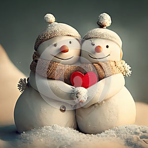Greeting card couple in love cute snowmen and snow Couple. Vintage design for Valentine`s Day/Christmas. Generative AI