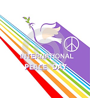 Greeting card with cut out paper flying dove, peace symbol and rainbow for International Peace day. Flat design