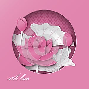 Greeting card with cut out round frame and floral background with lotus flowers on the pink oriental pattern backdrop