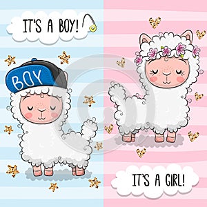 Greeting card with Cute Alpacas boy and girl photo
