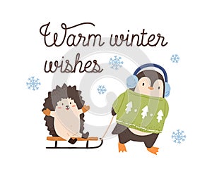 Greeting card with cute animals and inscription Warm winter wishes vector flat illustration. Festive postcard with cute