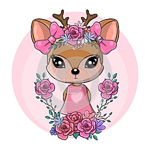 Greeting card Cute Baby Deer with flowers and hearts on a pink background