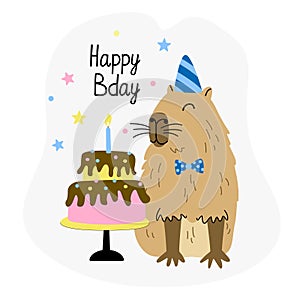 Greeting card with cute capybara and birthday cake