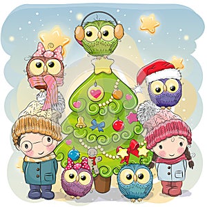 Two Cute Cartoon boy and girl and five owls