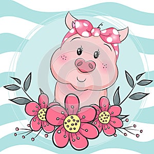 Greeting card cute cartoon pig with flower in blue background