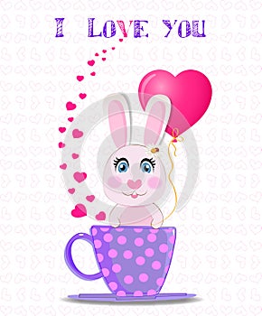 Greeting card with cute cartoon rabbit with balloon in violet cu