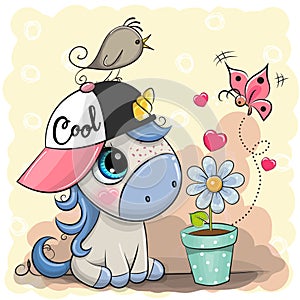 Greeting card cute cartoon Unicorn with flower