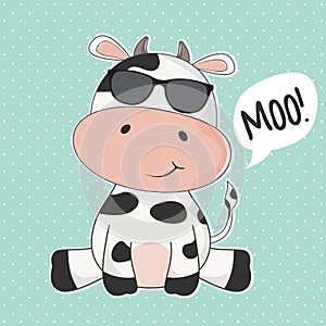 Greeting card cute cow with sunglasses and inscription moo.