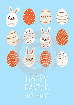 Greeting card with cute decorated eggs - cartoon decor for happy Easter design