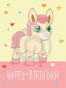 Greeting Card. Cute Girl. Cartoon Animals Vector. Lovely Horse Pony. Cartoon Animal Vector.