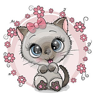 Greeting card Cute Kitten with flowers