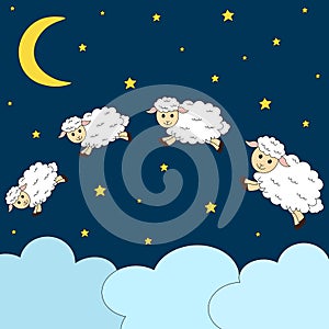 Greeting card cute lambs Vector illustration Night sky clouds moon stars