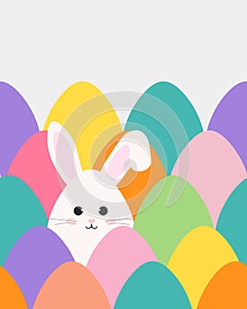 Greeting card with cute little bunny and Easter eggs. Character in cartoon style. Happy Easter