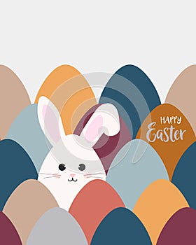 Greeting card with cute little bunny and Easter eggs. Character in cartoon style. Happy Easter