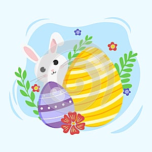 Greeting card with cute little bunny and Easter eggs. Character in cartoon style. Happy Easter