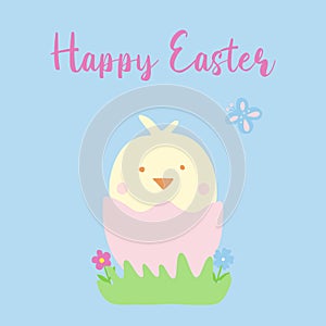 Greeting card with cute little chick in cracked egg, Easter concept, doodle style vector