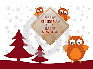 Greeting card with cute owls for Merry Christmas and Happy New Year