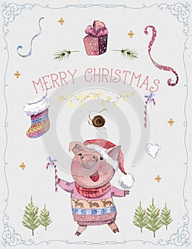 Greeting card with cute pig, fir tree, candy, sock, stars, garland and serpentine. Funny cartoon character. Merry christmas and Ha
