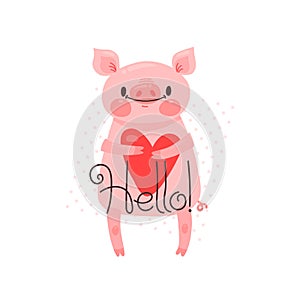 Greeting card with cute piglet. Sweet pig says hello. Vector illustration