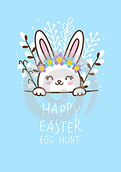 Greeting card with cute rabbit  for happy Easter egg hunt poster design 2