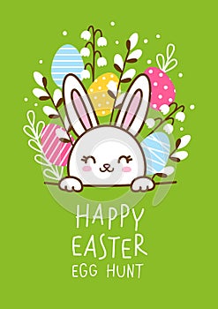 Greeting card with cute rabbit for happy Easter egg hunt poster design