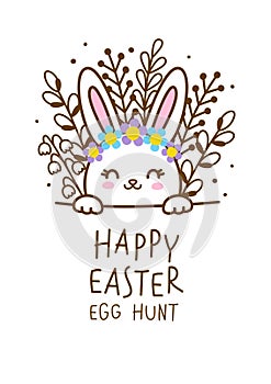 Greeting card with cute rabbit  for happy Easter egg hunt poster design