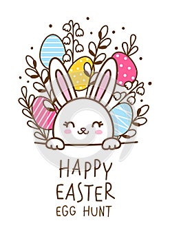 Greeting card with cute rabbit  for happy Easter egg hunt poster design 3