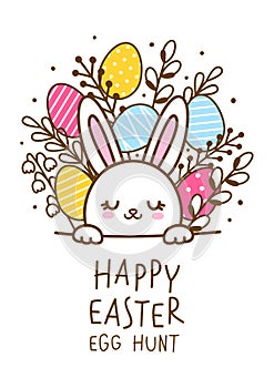 Greeting card with cute rabbit  for happy Easter egg hunt poster design 7