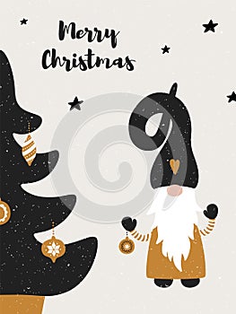 Greeting card with cute Scandinavian gnome, christmas tree and greeting text Merry Christmas.