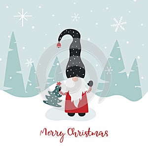Greeting card with cute Scandinavian gnome, snowflakes and greeting text Merry Christmas.