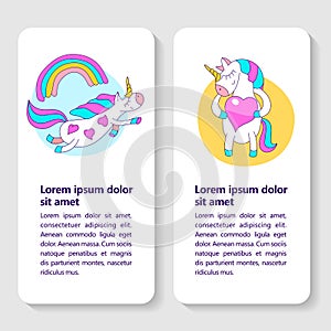 Greeting card with a cute unicorn with wings and a rainbow. A cute magical unicorn holds a big pink heart.