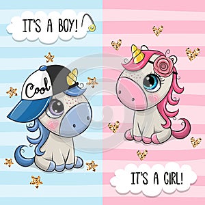 Greeting card with Cute Unicorns boy and girl