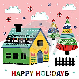 Greeting card with decorative house and  christmas trees