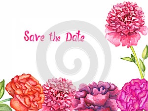 Greeting card design, bottom line and separate flower of pink and purple peonies flowers, isolated Save the Date inscription