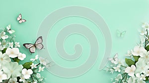 Greeting card design with copy space, white and green butterflies fluttering around delicate white flowers, against soft