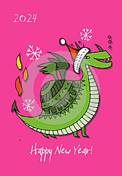 Greeting card design with funny Dragon character in Santa hat. Symbol of Chinese New Year 2024 for your design