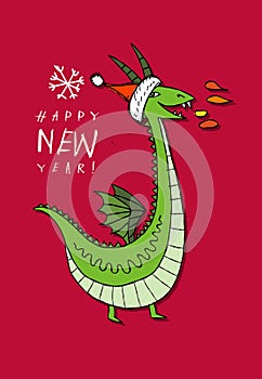 Greeting card design with funny Dragon character in Santa hat. Symbol of Chinese New Year 2024 for your design