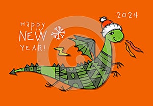 Greeting card design with funny Dragon character in Santa hat. Symbol of Chinese New Year 2024 for your design