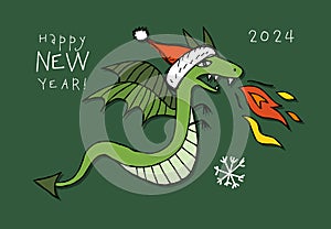 Greeting card design with funny Dragon character in Santa hat. Symbol of Chinese New Year 2024 for your design